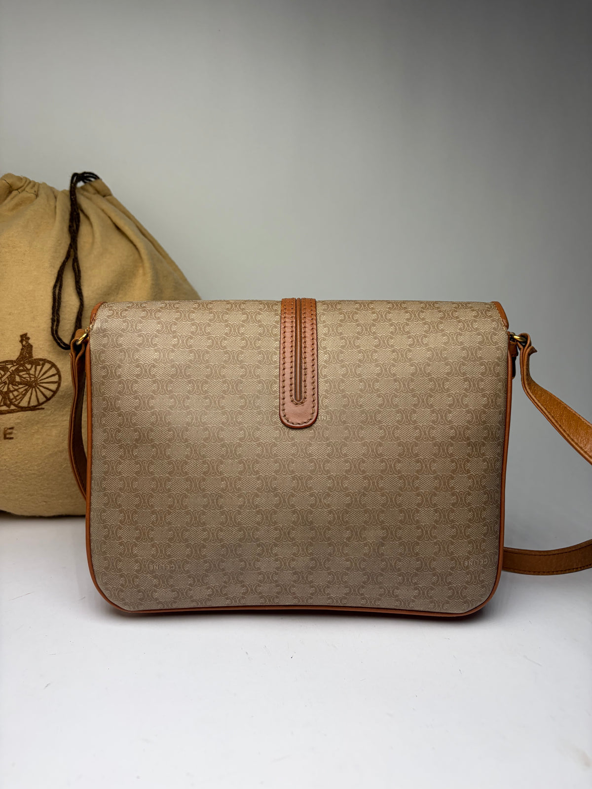 Vintage Celine Macadam Canvas Flap Crossbody Bag c. 2006 Beige Brown