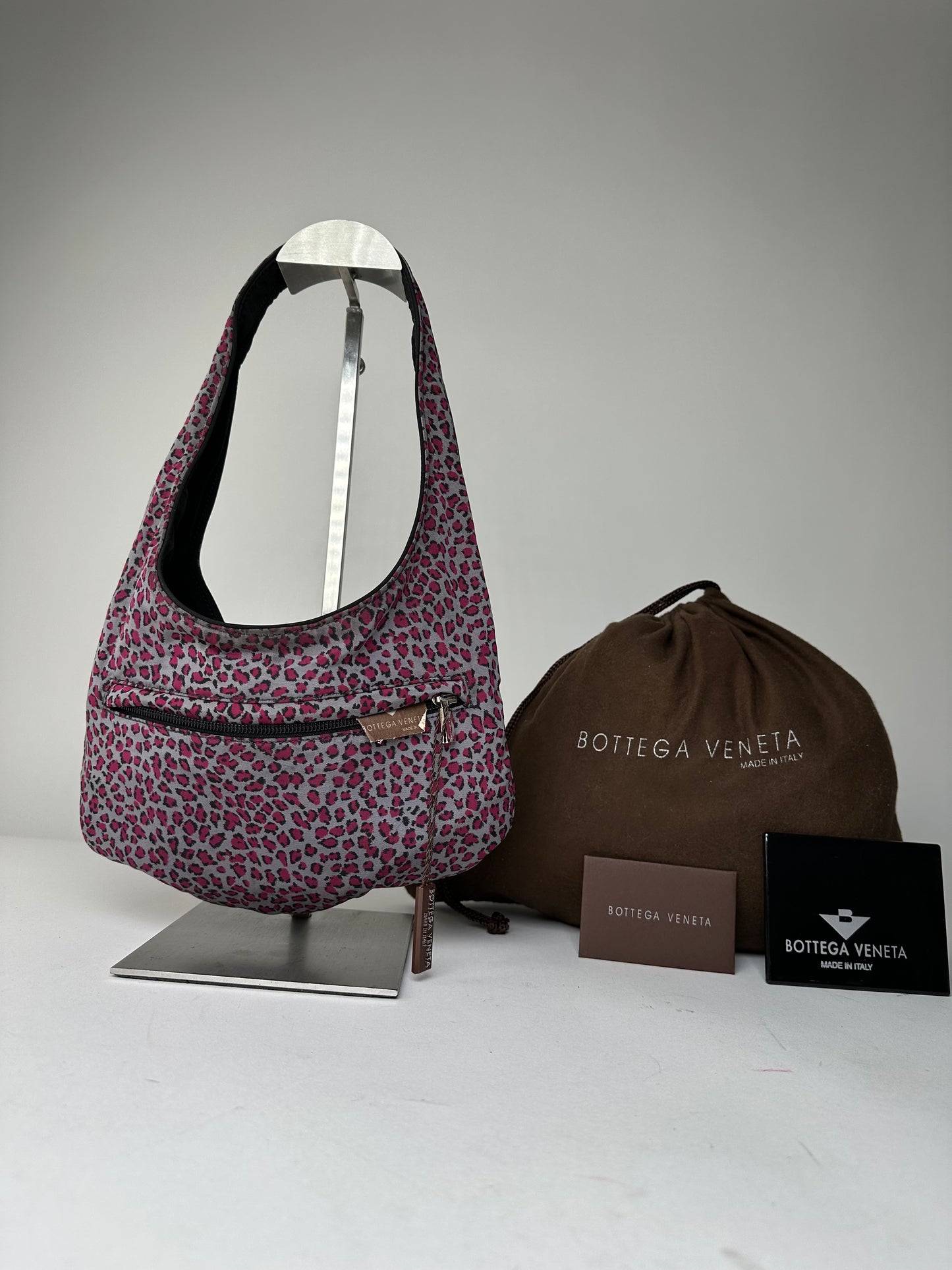 Vintage Bottega Veneta Reversible Nylon Hobo Bag Leopard Pink Black