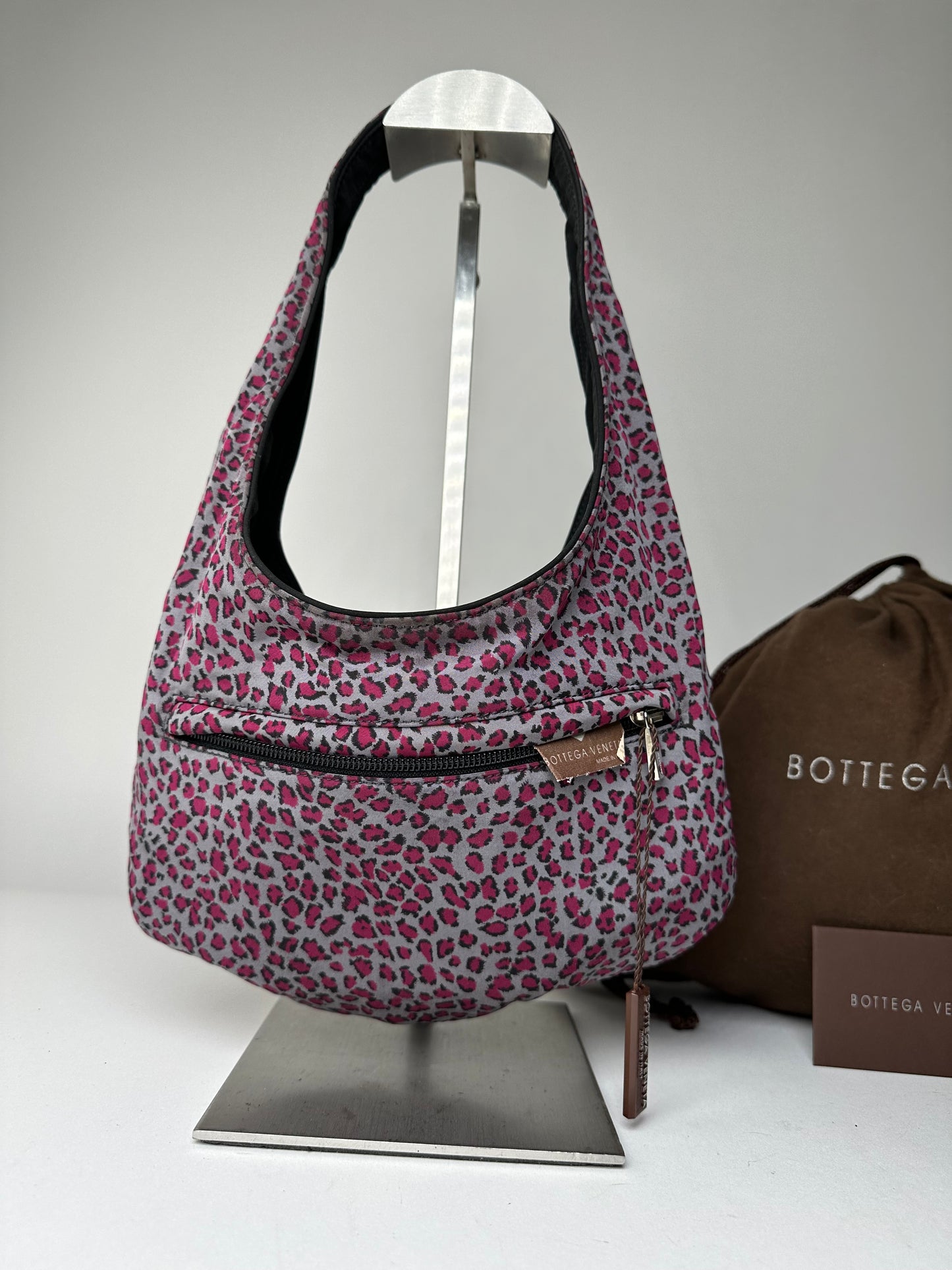 Vintage Bottega Veneta Reversible Nylon Hobo Bag Leopard Pink Black