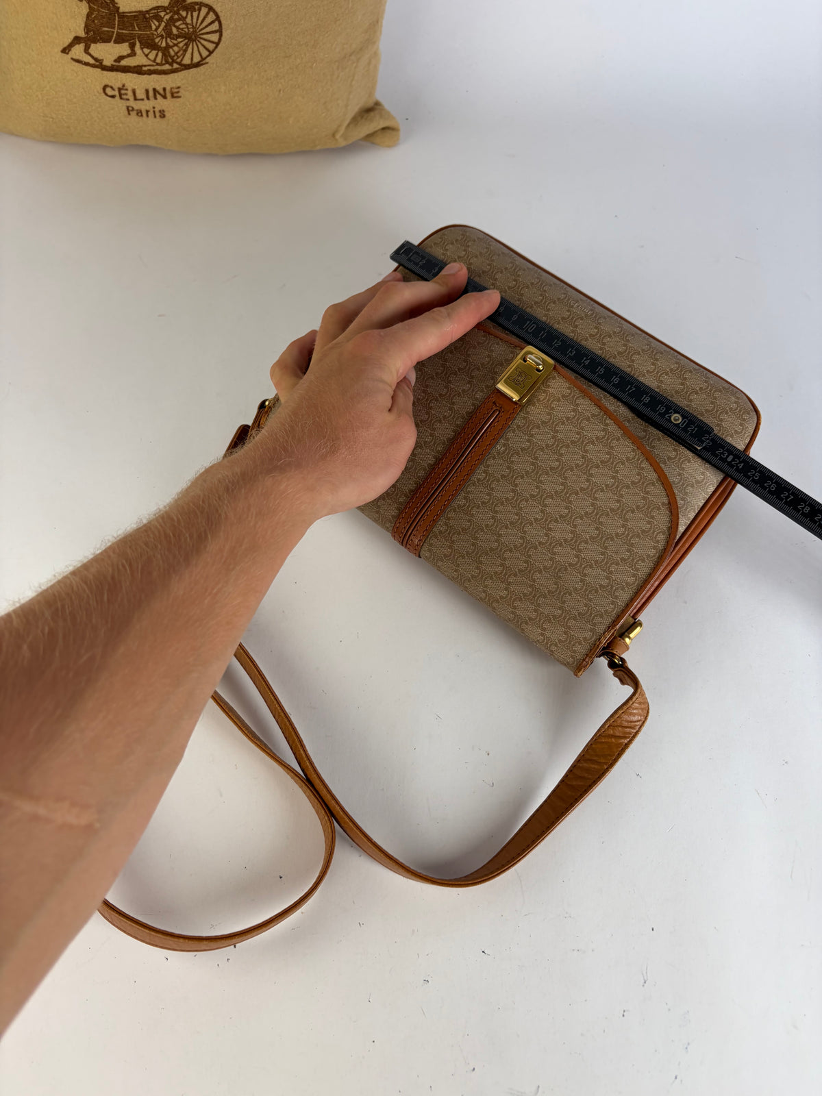 Vintage Celine Macadam Canvas Flap Crossbody Bag c. 2006 Beige Brown