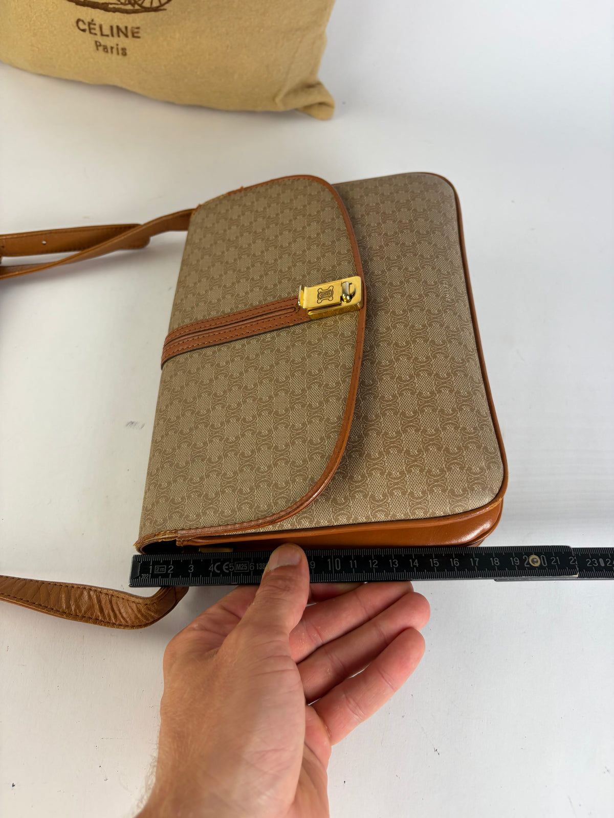 Vintage Celine Macadam Canvas Flap Crossbody Bag c. 2006 Beige Brown