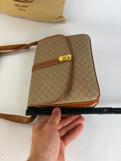 Vintage Celine Macadam Canvas Flap Crossbody Bag c. 2006 Beige Brown