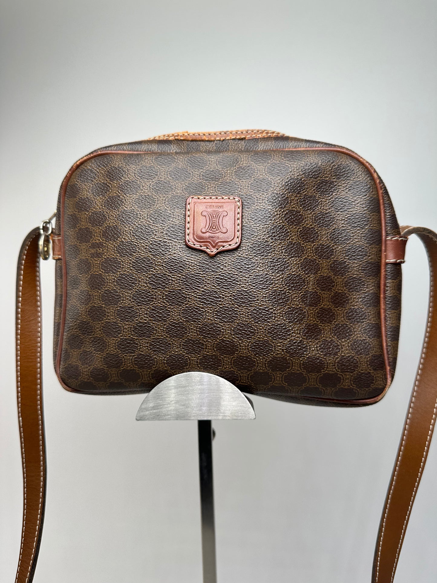 Vintage Celine Paris Triomphe Monogram Leather Shoulder bag Brown