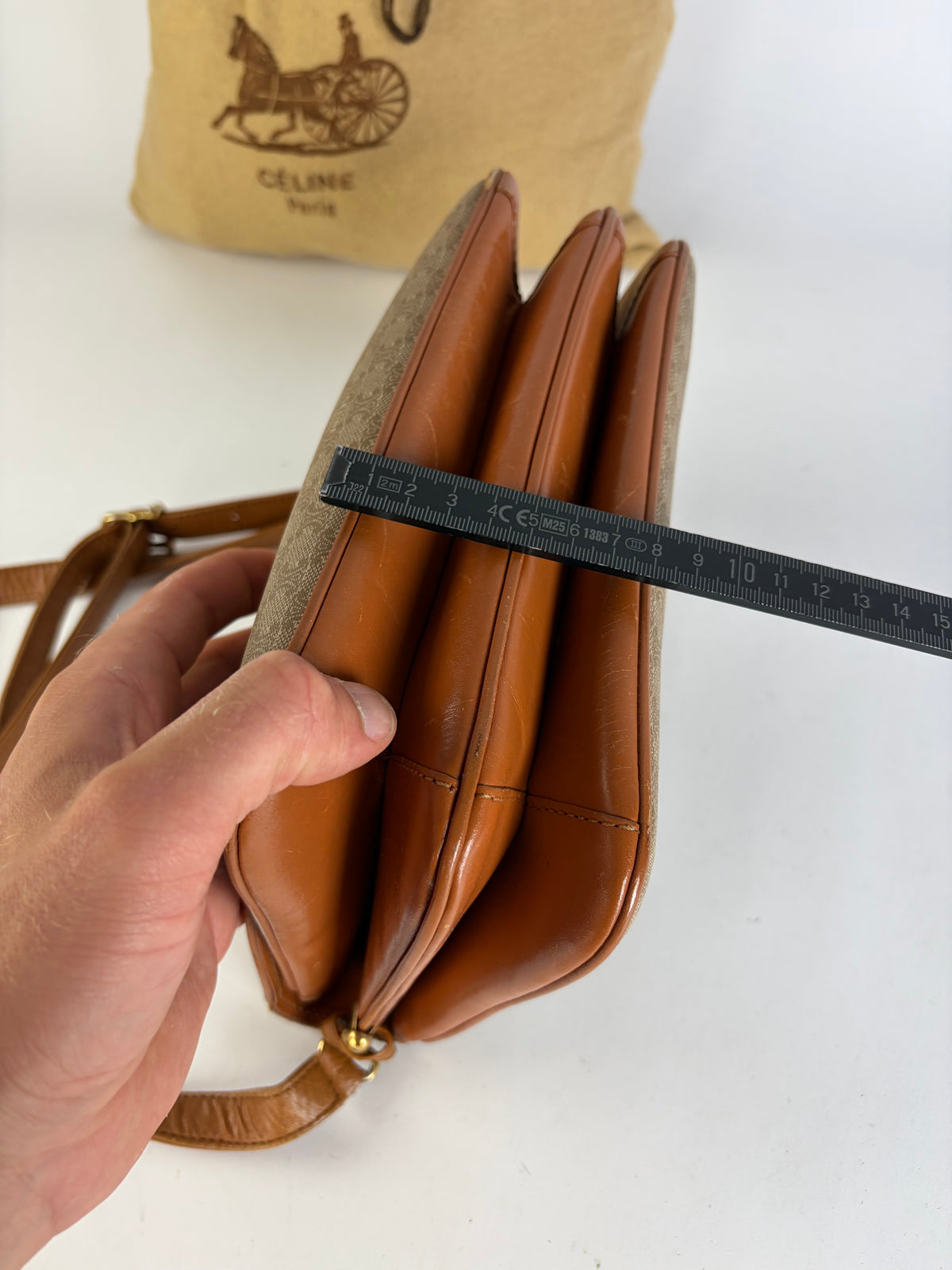 Vintage Celine Macadam Canvas Flap Crossbody Bag c. 2006 Beige Brown