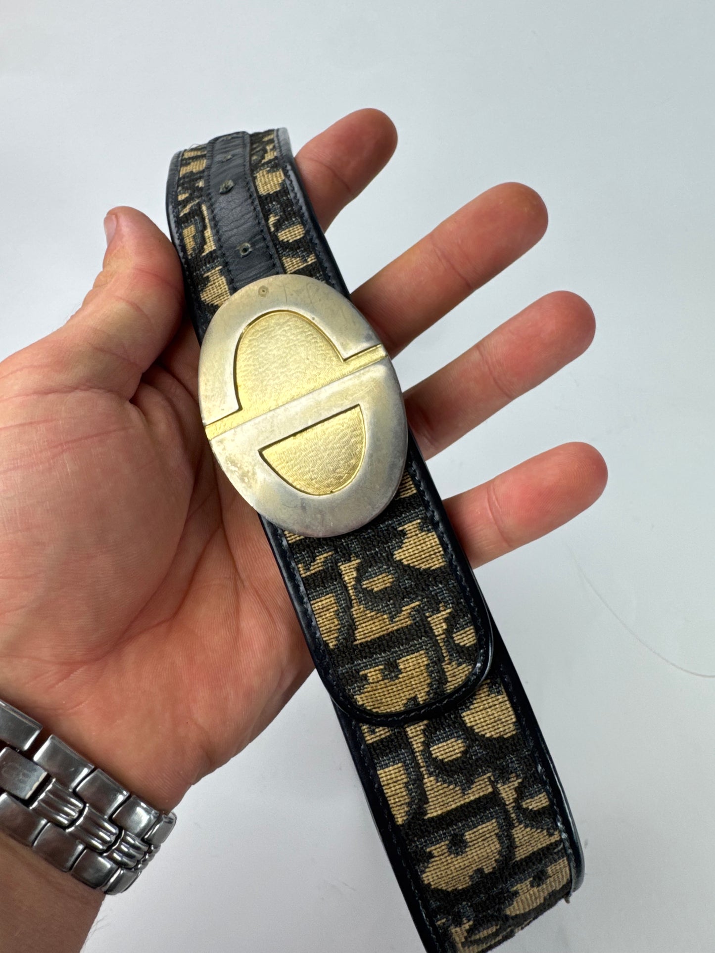 Vintage Dior Oblique Monogram Belt Beige Navy