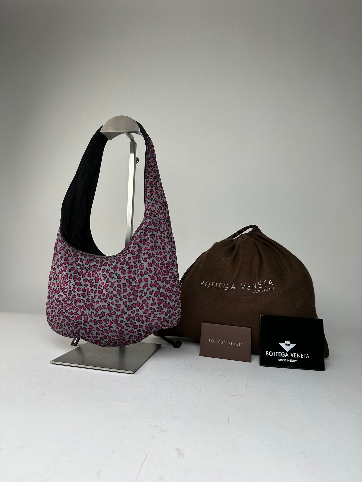 Vintage Bottega Veneta Reversible Nylon Hobo Bag Leopard Pink Black