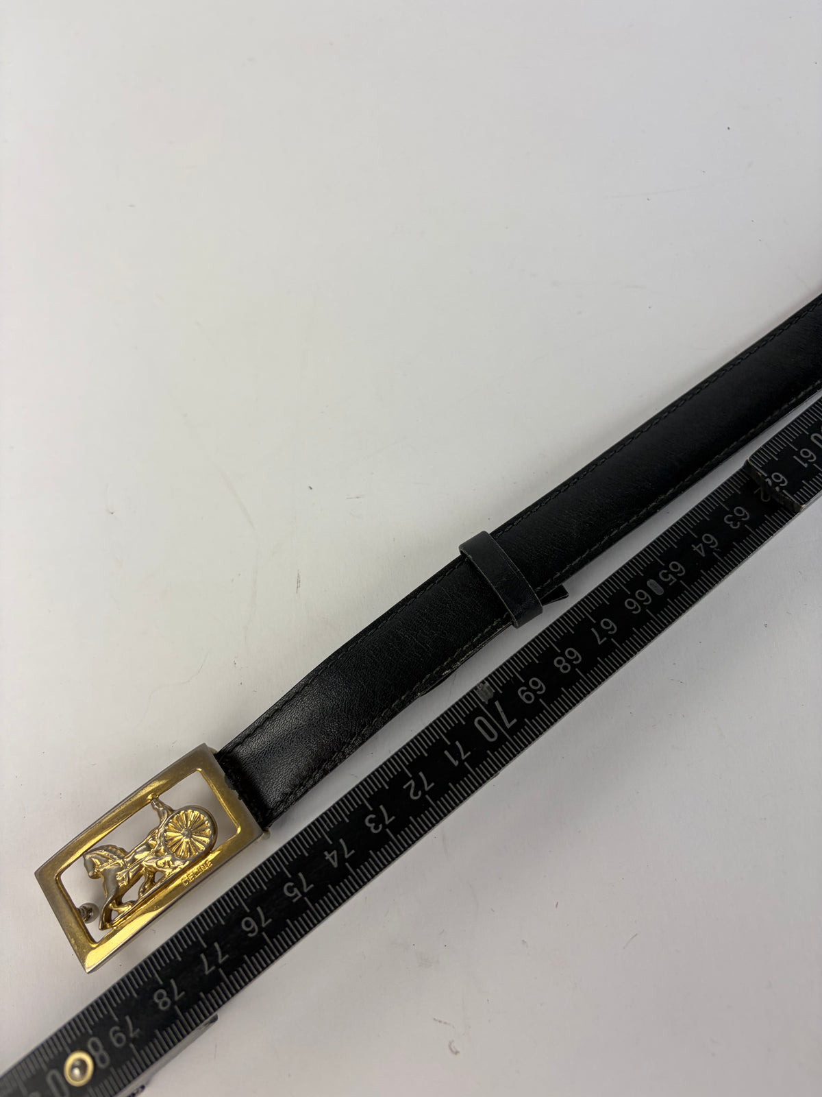 Vintage Celine Leather Horse Carriage Buckle Belt Late 1970s Black