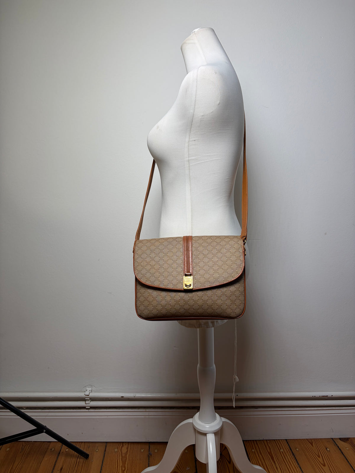 Vintage Celine Macadam Canvas Flap Crossbody Bag c. 2006 Beige Brown