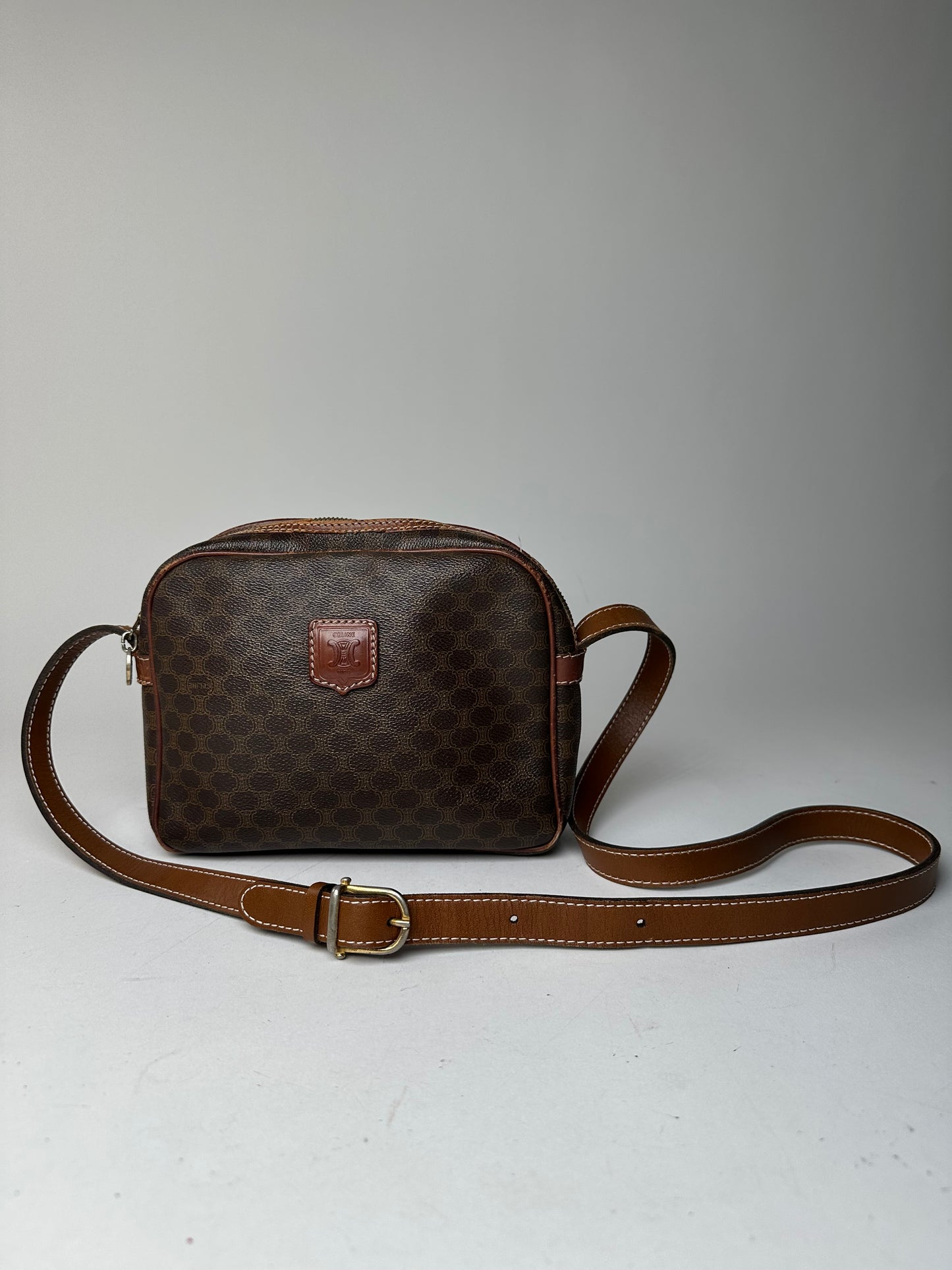 Vintage Celine Paris Triomphe Monogram Leather Shoulder bag Brown