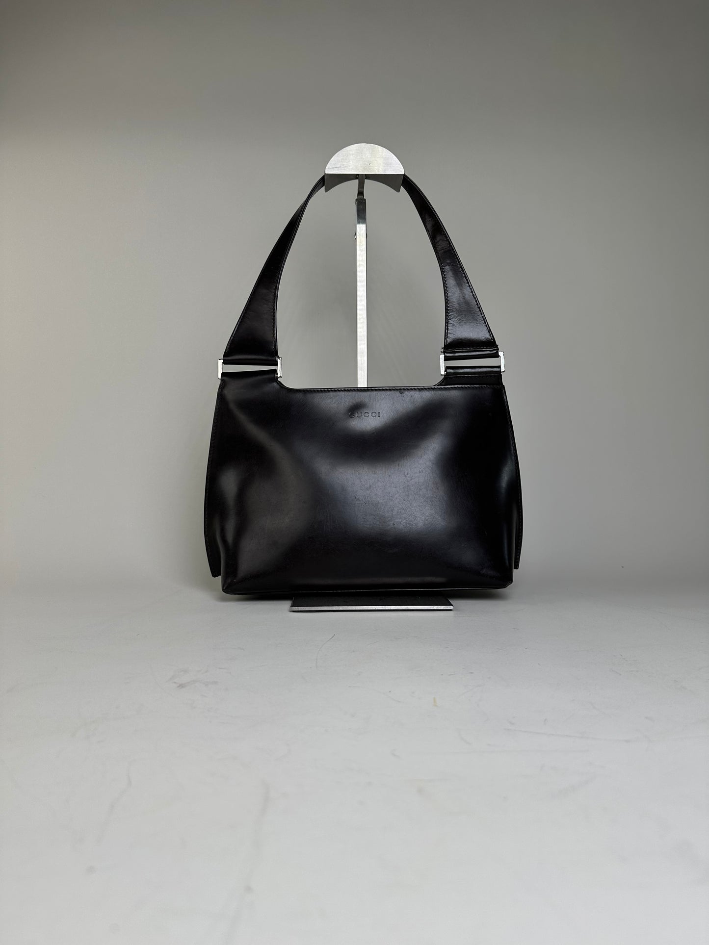 Vintage Gucci Smooth Leather Shoulder Bag Black Silver