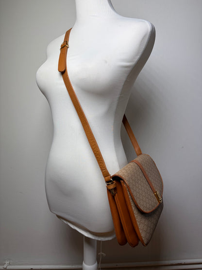 Vintage Celine Macadam Canvas Flap Crossbody Bag c. 2006 Beige Brown