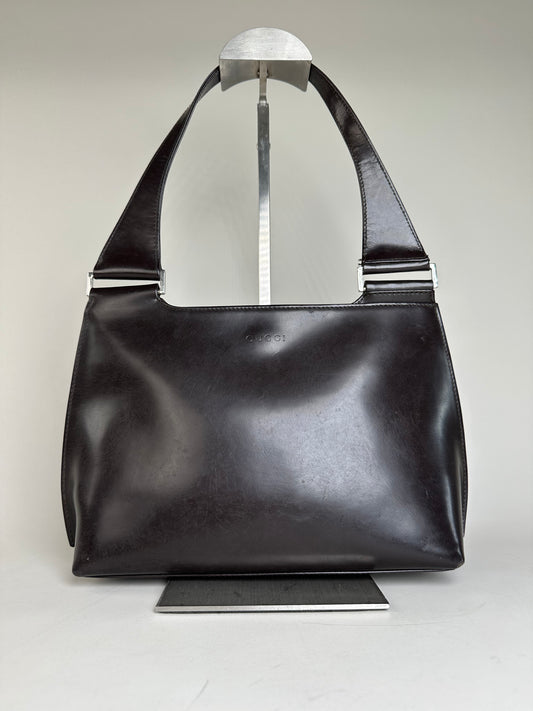 Vintage Gucci Smooth Leather Shoulder Bag Black Silver