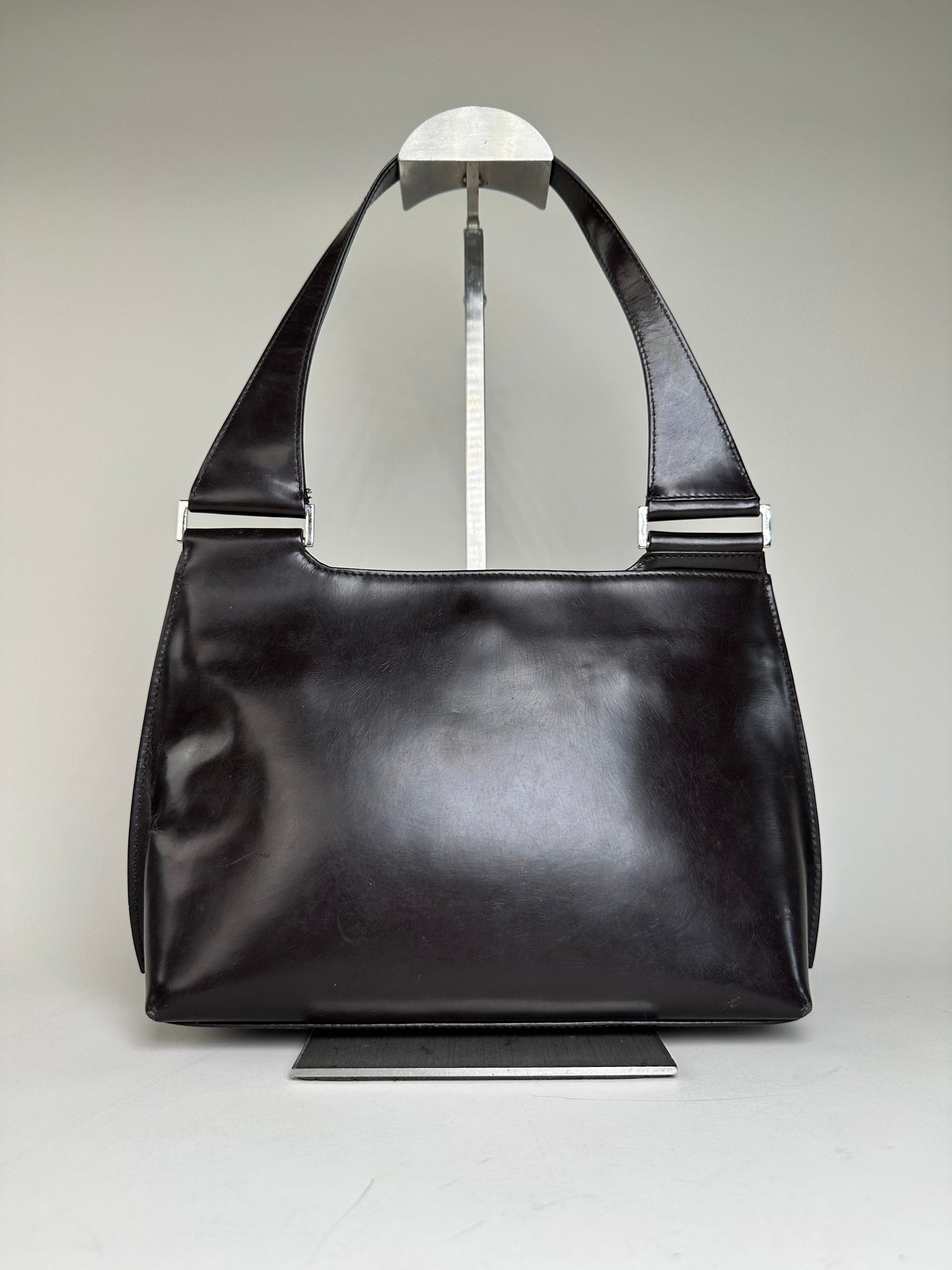 Vintage Gucci Smooth Leather Shoulder Bag Black Silver