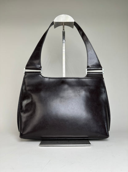 Vintage Gucci Smooth Leather Shoulder Bag Black Silver