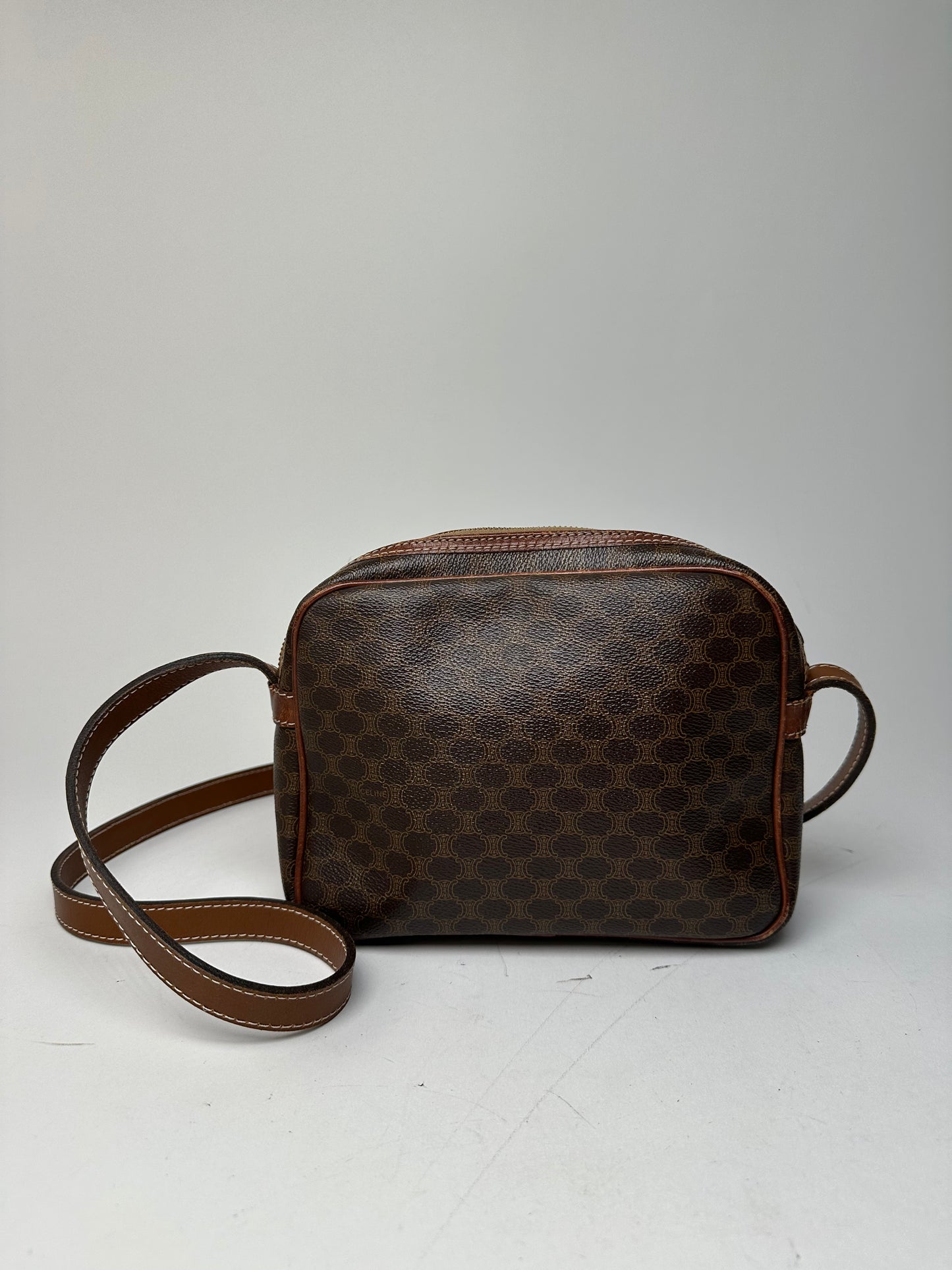 Vintage Celine Paris Triomphe Monogram Leather Shoulder bag Brown