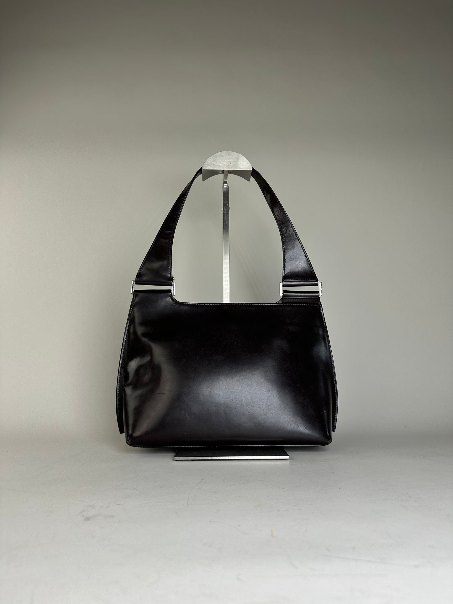 Vintage Gucci Smooth Leather Shoulder Bag Black Silver