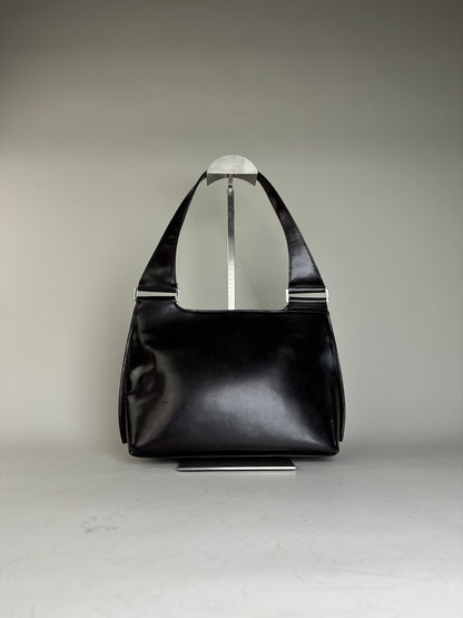 Vintage Gucci Smooth Leather Shoulder Bag Black Silver