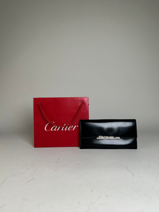 Vintage Cartier Leather Long Wallet Black Silver Clasp