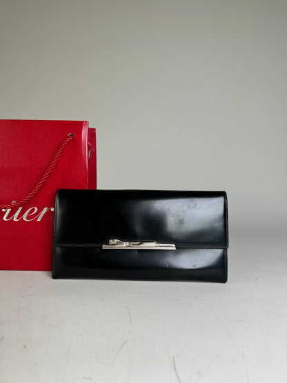 Vintage Cartier Leather Long Wallet Black Silver Clasp