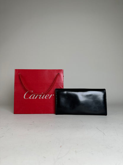 Vintage Cartier Leather Long Wallet Black Silver Clasp