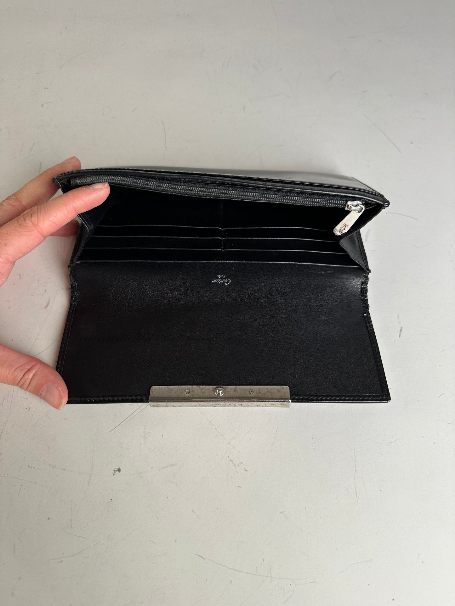 Vintage Cartier Leather Long Wallet Black Silver Clasp