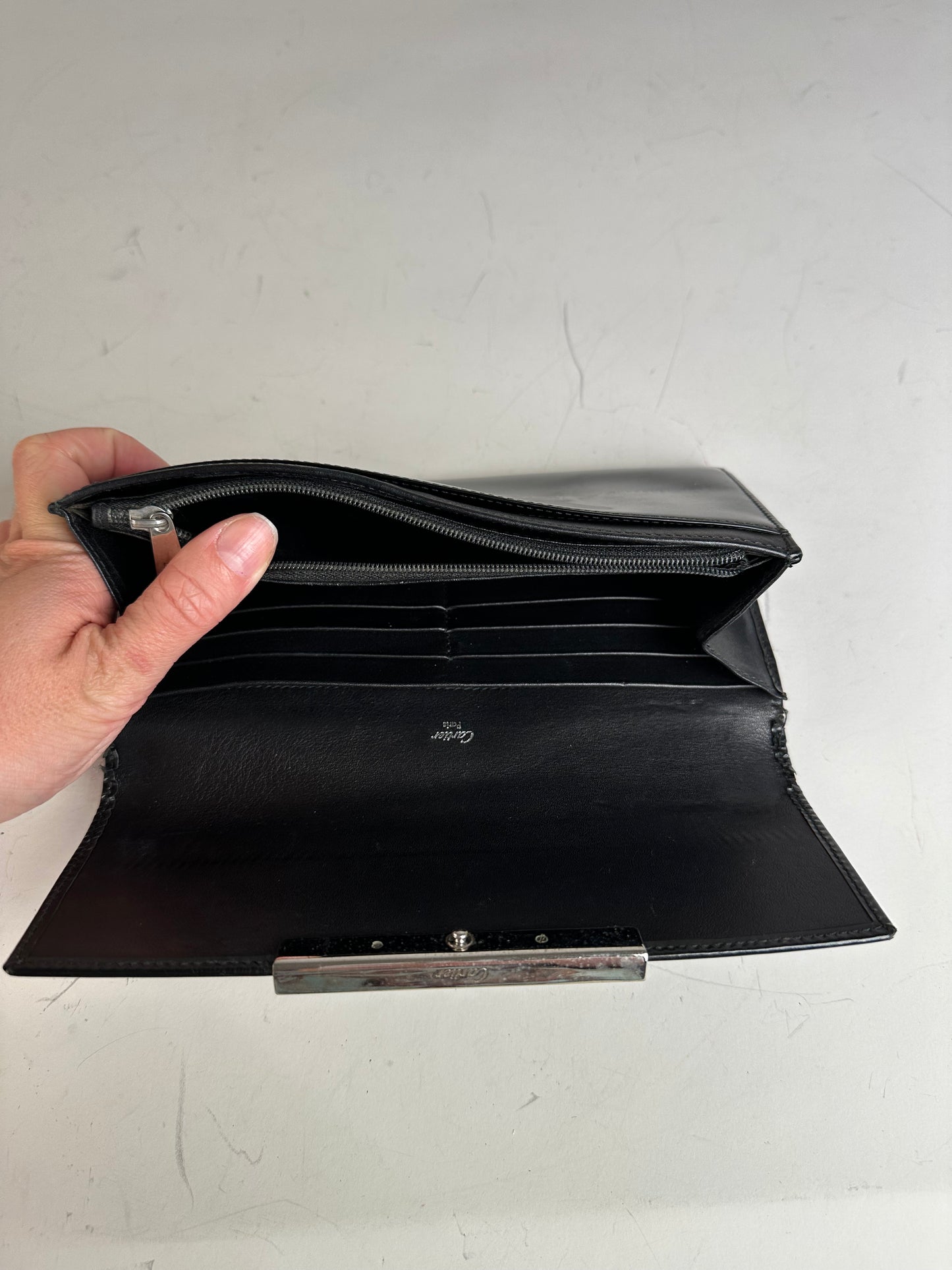 Vintage Cartier Leather Long Wallet Black Silver Clasp
