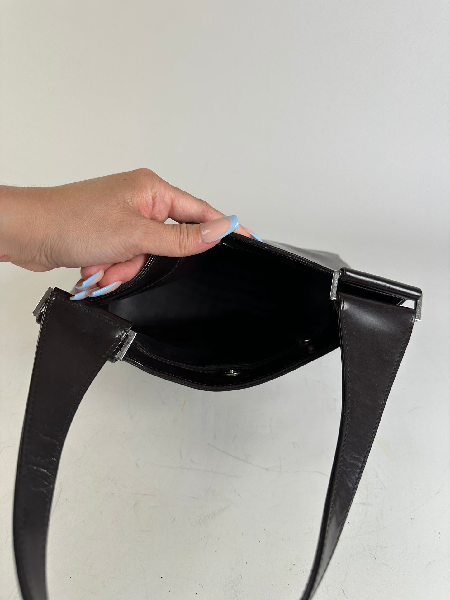 Vintage Gucci Smooth Leather Shoulder Bag Black Silver