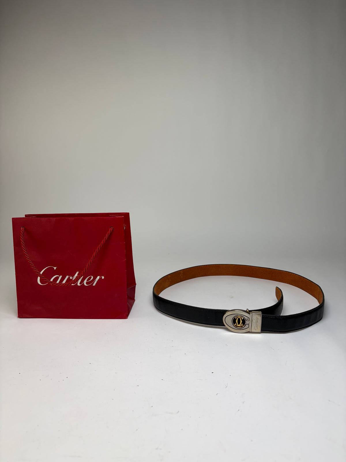Vintage Cartier Leather Belt Double C Buckle Late 1980s Black Gold