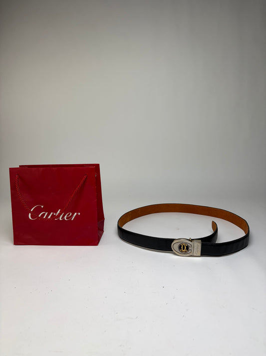 Vintage Cartier Leather Belt Double C Buckle Late 1980s Black Gold