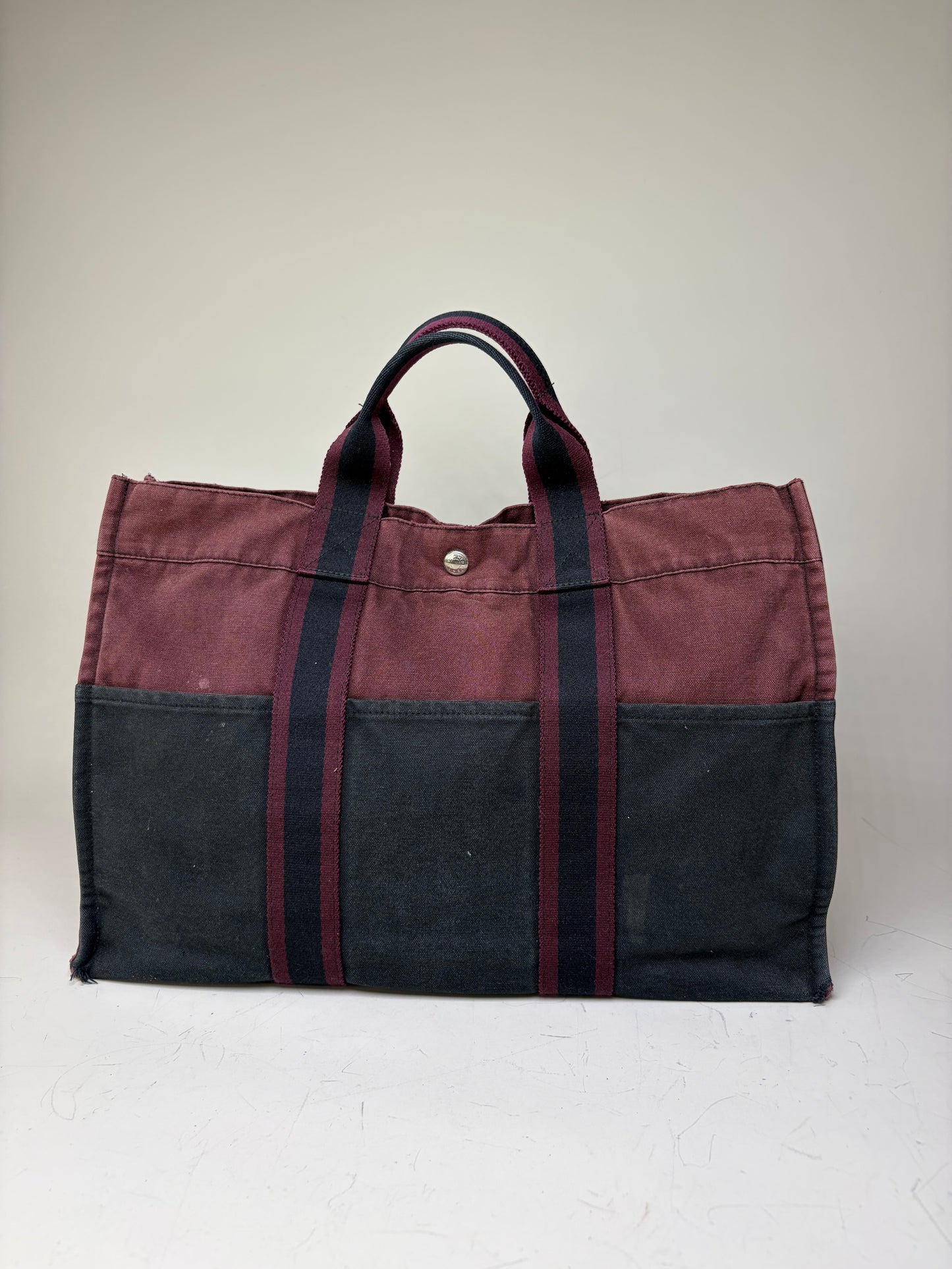 Vintage Hermes Canvas Tote Bag Burgundy Black