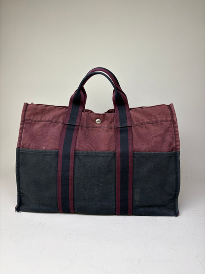 Vintage Hermes Canvas Tote Bag Burgundy Black