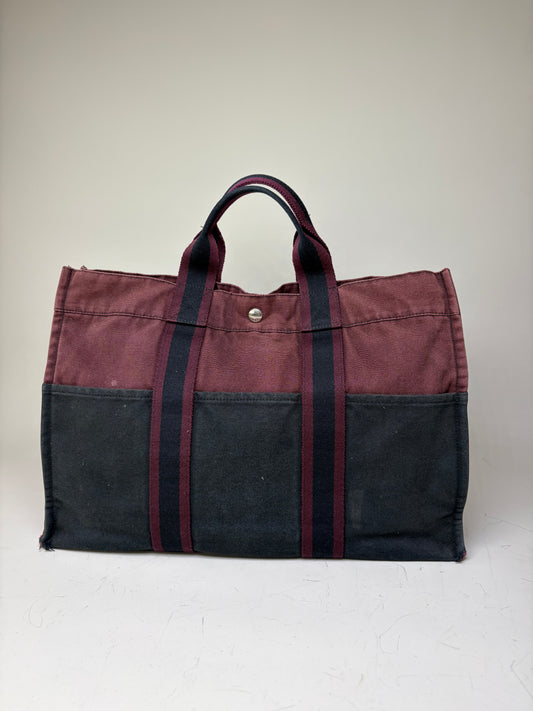 Vintage Hermes Canvas Tote Bag Burgundy Black