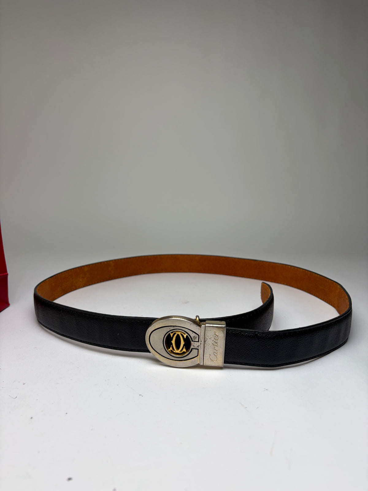 Vintage Cartier Leather Belt Double C Buckle Late 1980s Black Gold