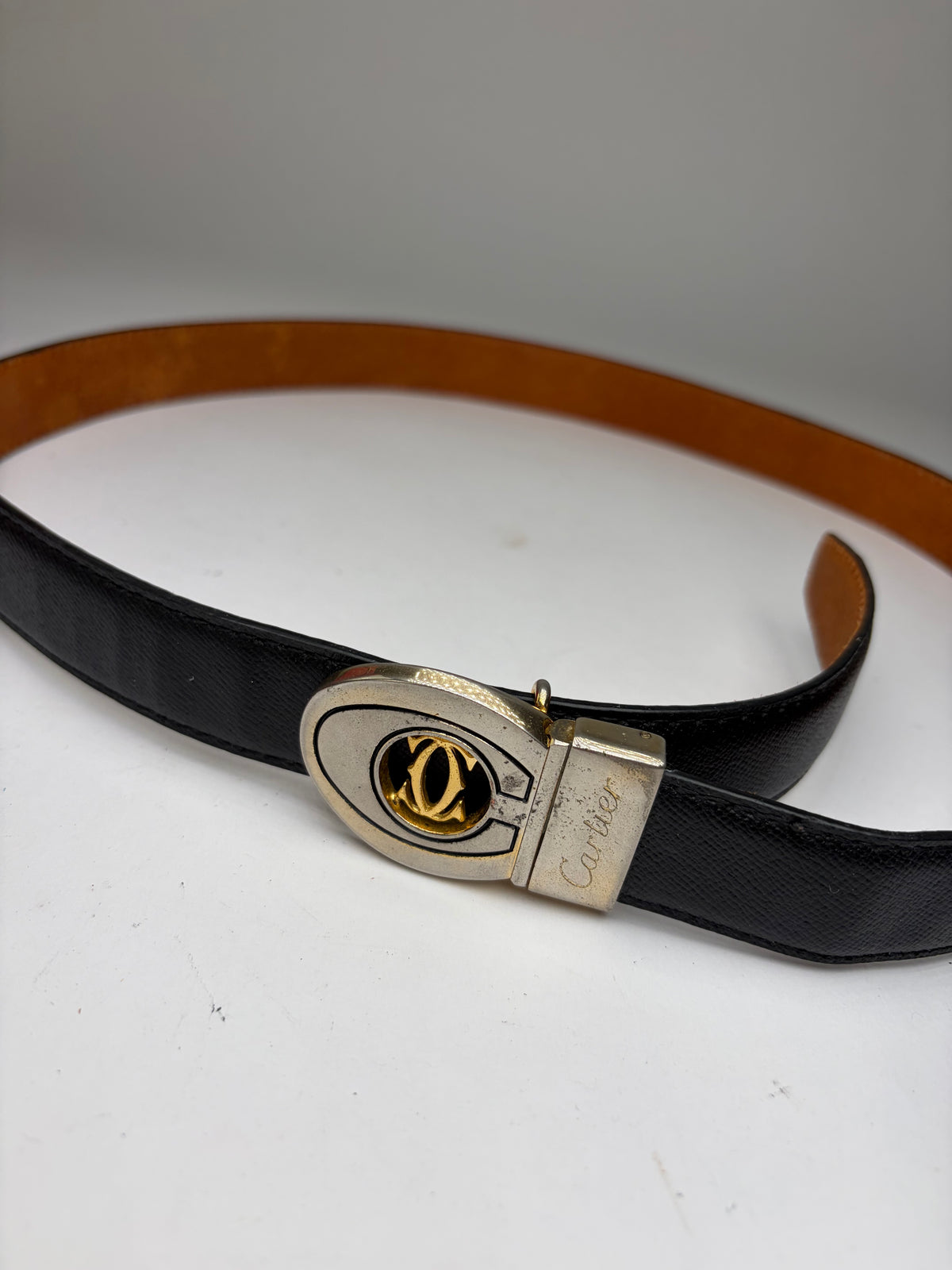 Vintage Cartier Leather Belt Double C Buckle Late 1980s Black Gold