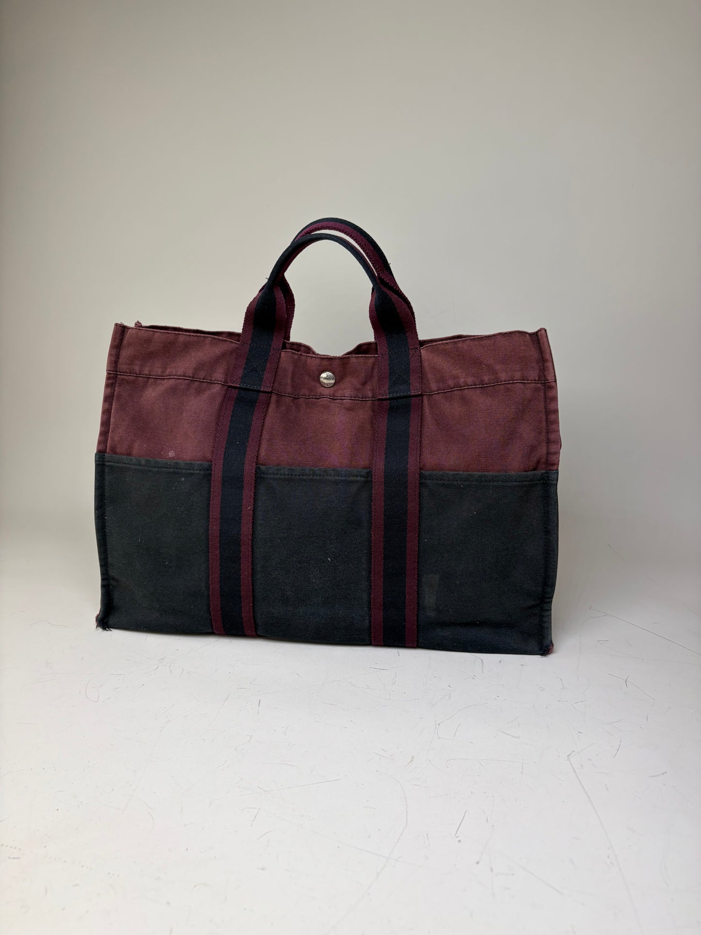Vintage Hermes Canvas Tote Bag Burgundy Black