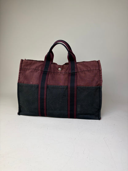 Vintage Hermes Canvas Tote Bag Burgundy Black
