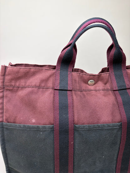 Vintage Hermes Canvas Tote Bag Burgundy Black