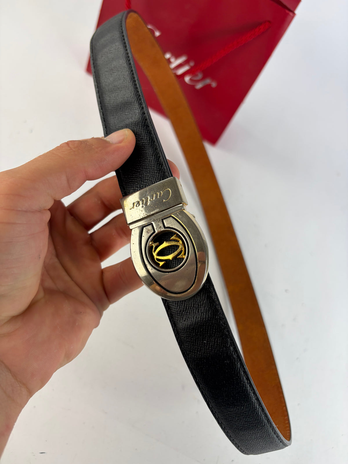 Vintage Cartier Leather Belt Double C Buckle Late 1980s Black Gold