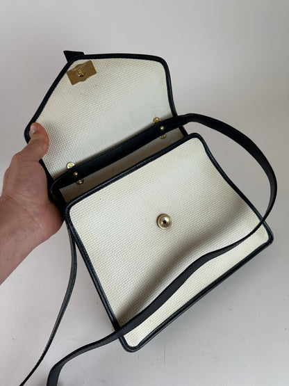 Vintage Yves Saint Laurent 2Way Canvas Leather Flap Bag White Navy