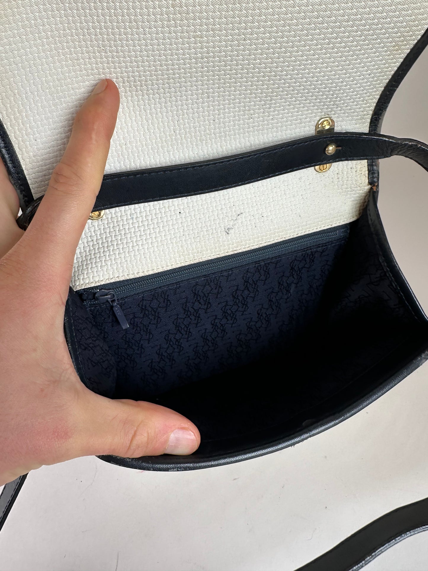 Vintage Yves Saint Laurent 2Way Canvas Leather Flap Bag White Navy