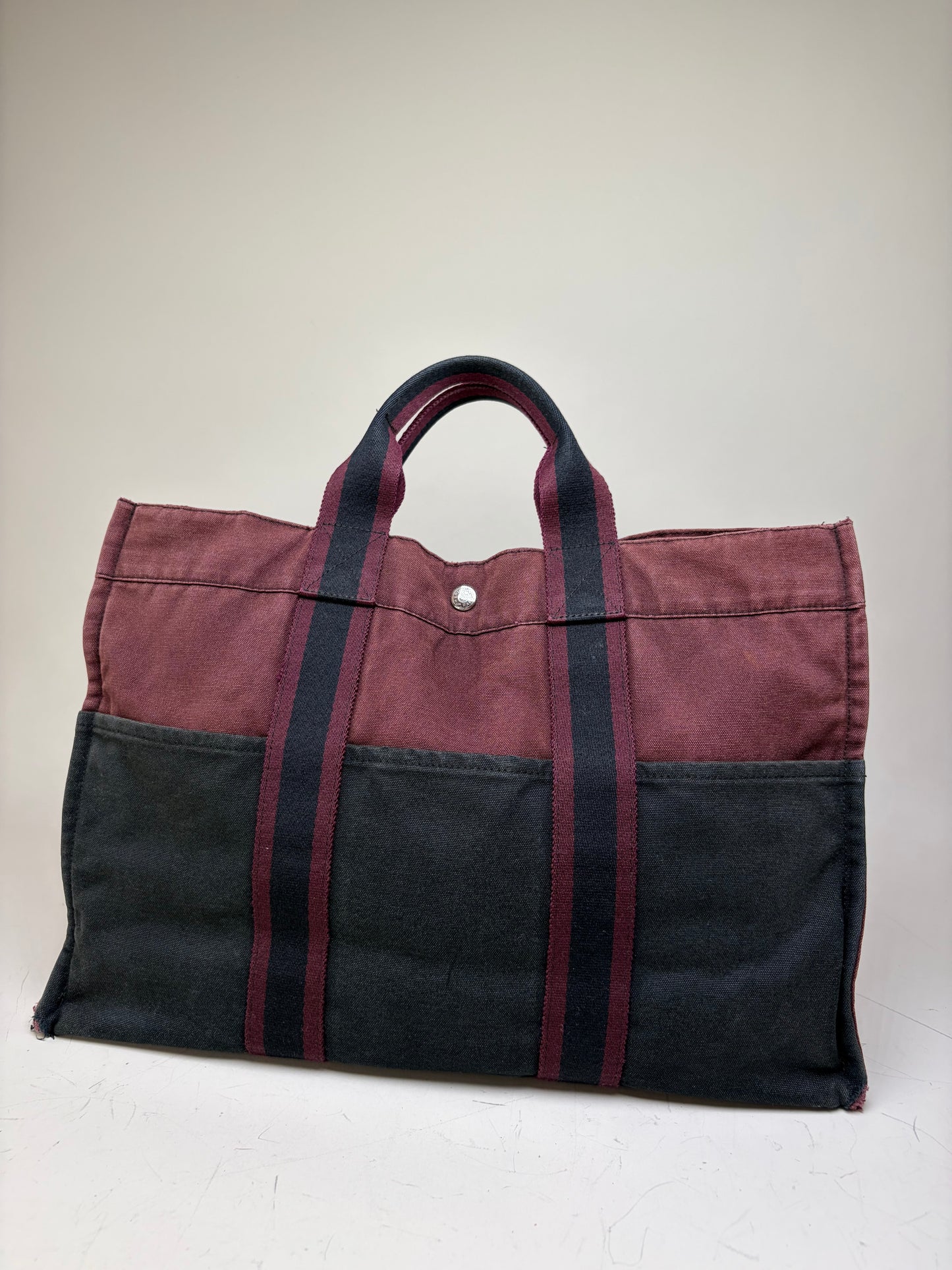 Vintage Hermes Canvas Tote Bag Burgundy Black