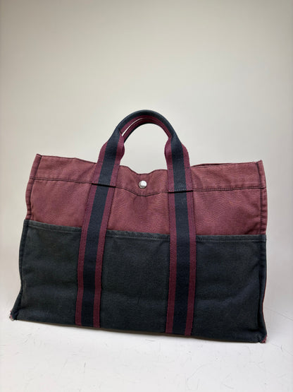 Vintage Hermes Canvas Tote Bag Burgundy Black