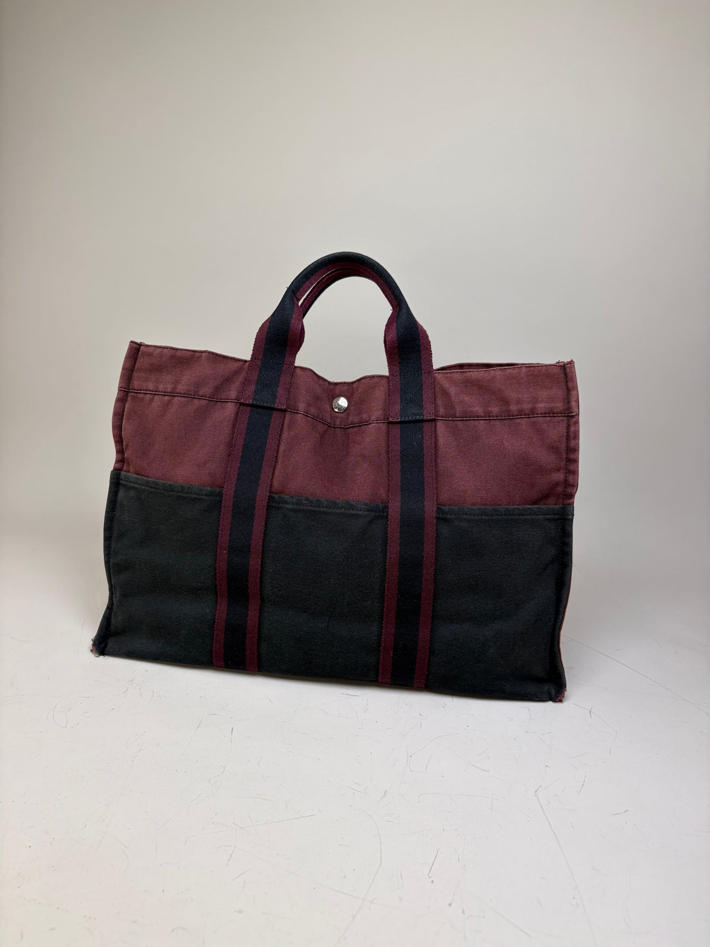 Vintage Hermes Canvas Tote Bag Burgundy Black