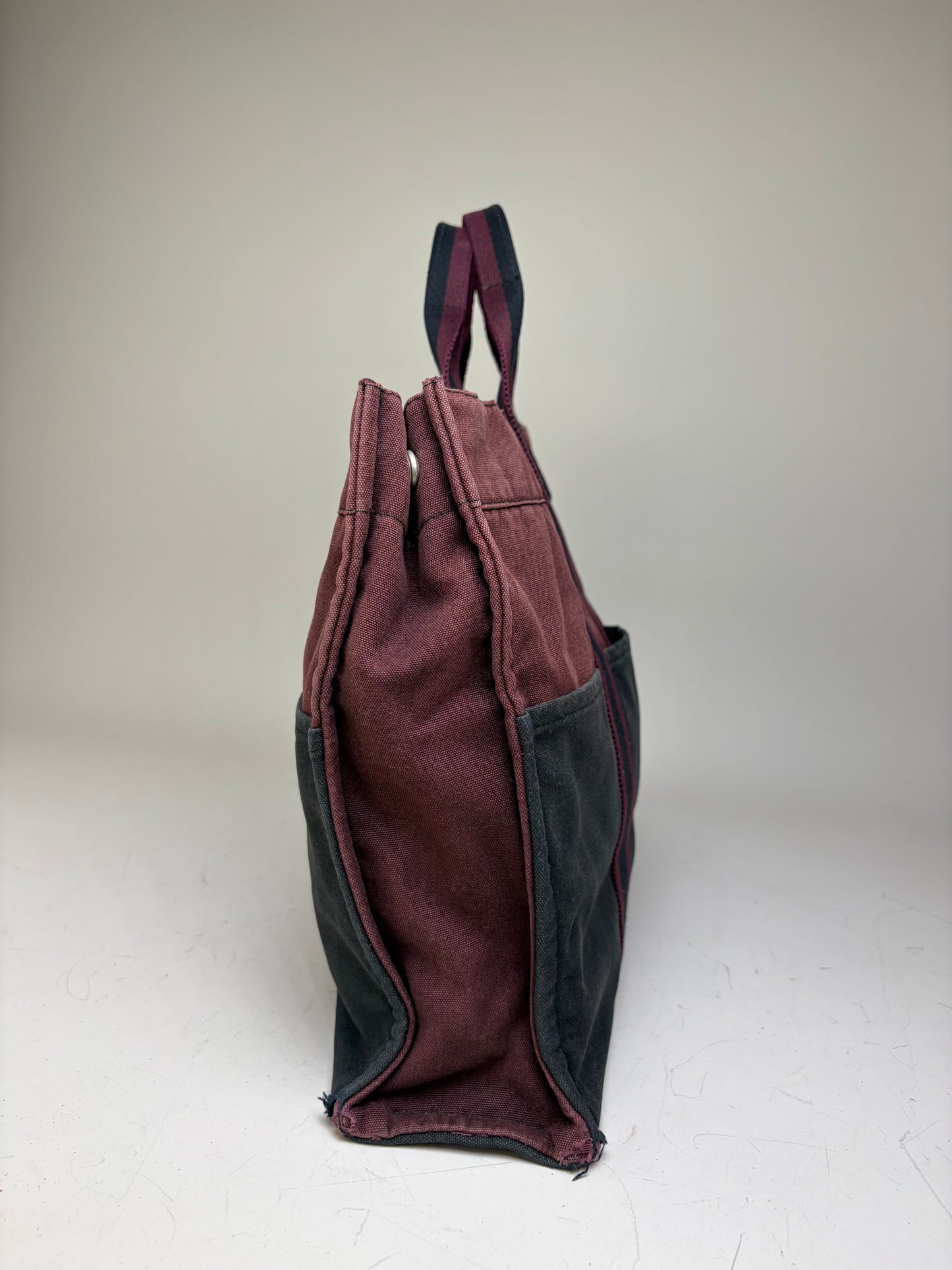 Vintage Hermes Canvas Tote Bag Burgundy Black