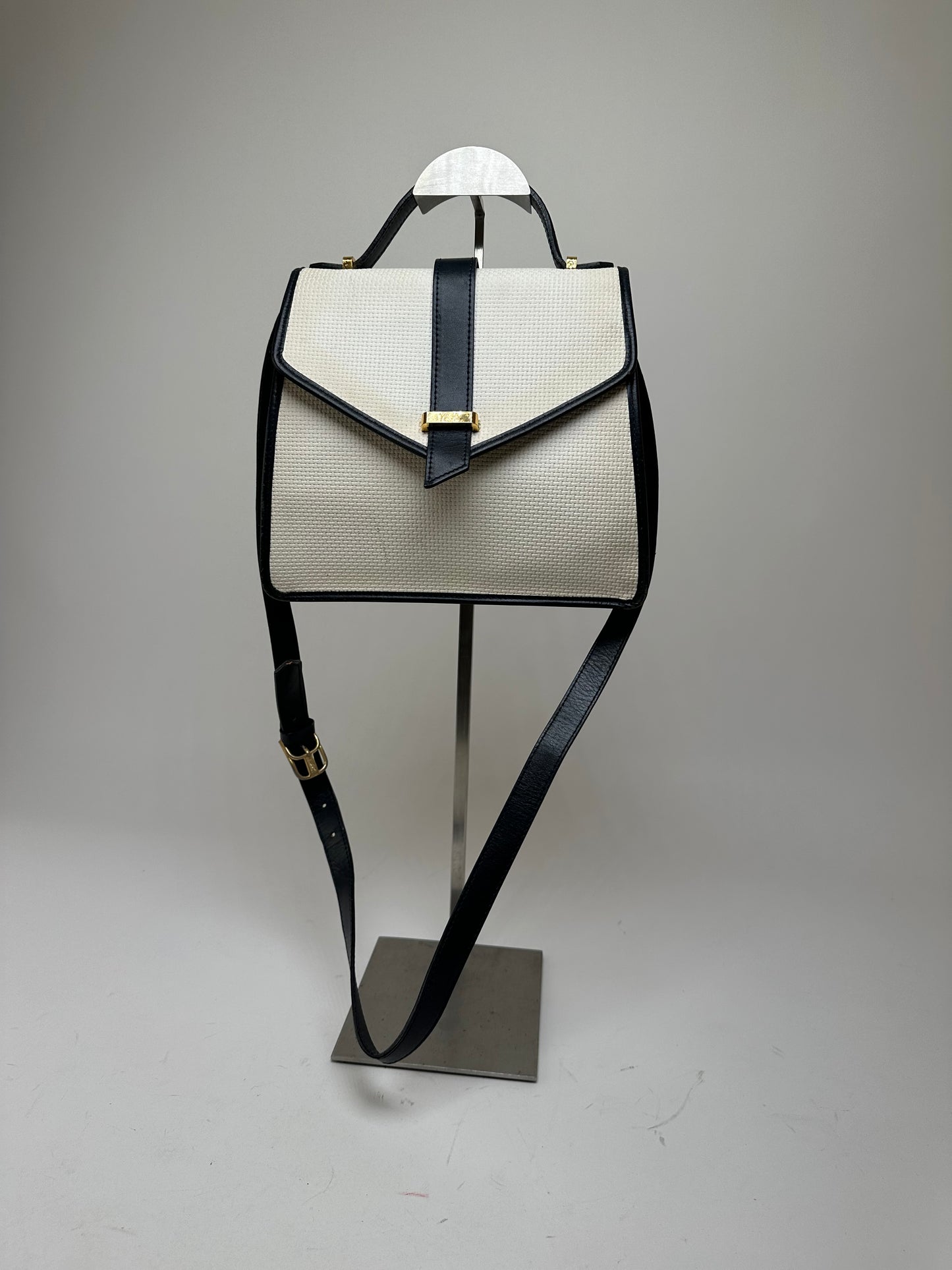 Vintage Yves Saint Laurent 2Way Canvas Leather Flap Bag White Navy