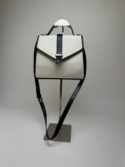 Vintage Yves Saint Laurent 2Way Canvas Leather Flap Bag White Navy
