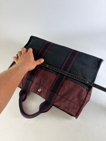 Vintage Hermes Canvas Tote Bag Burgundy Black
