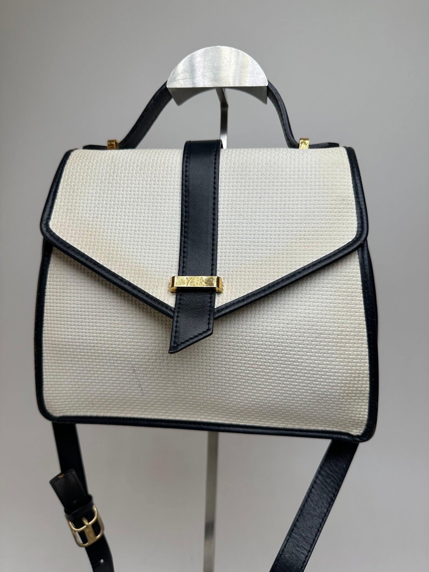 Vintage Yves Saint Laurent 2Way Canvas Leather Flap Bag White Navy