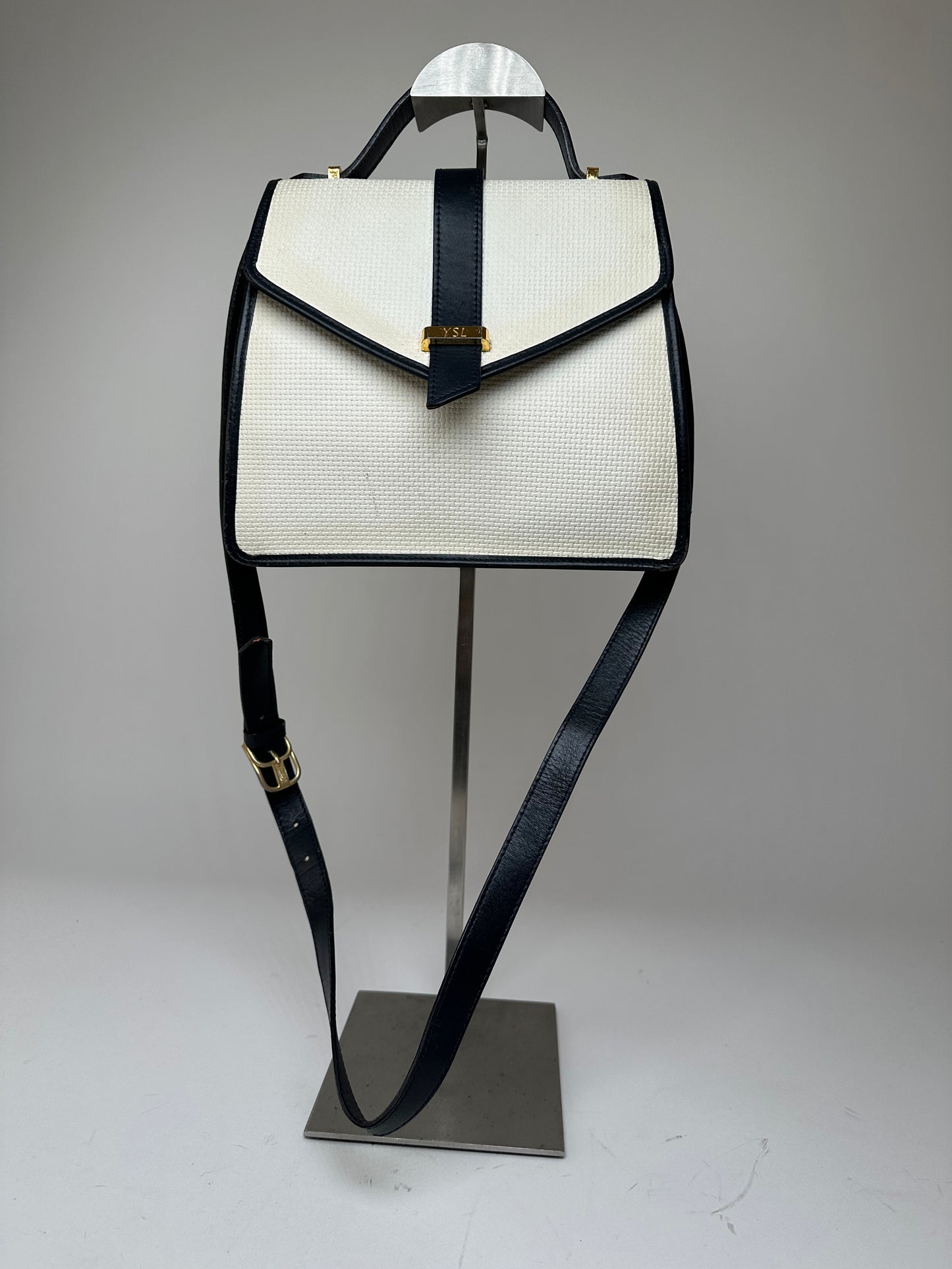 Vintage Yves Saint Laurent 2Way Canvas Leather Flap Bag White Navy