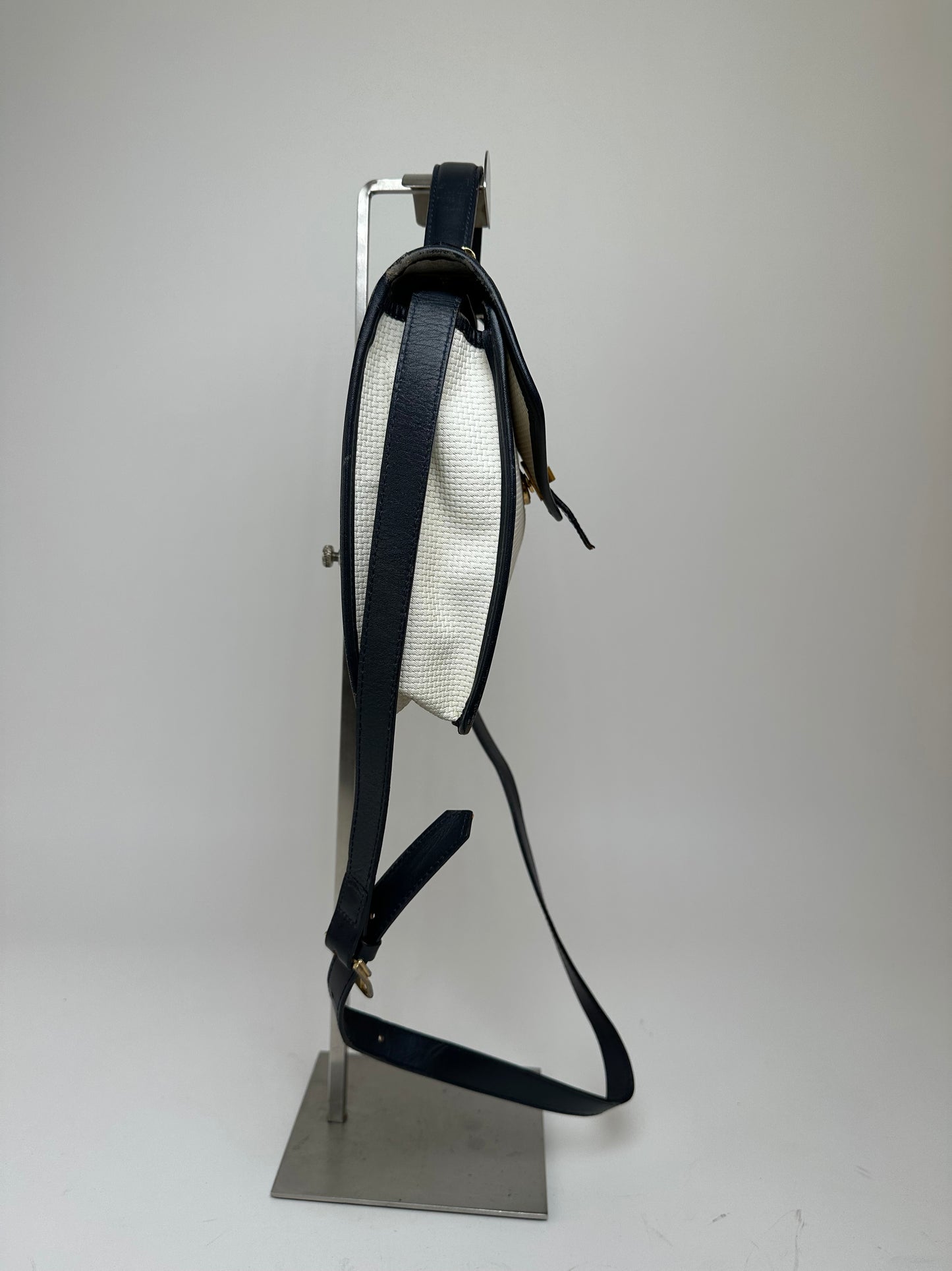 Vintage Yves Saint Laurent 2Way Canvas Leather Flap Bag White Navy